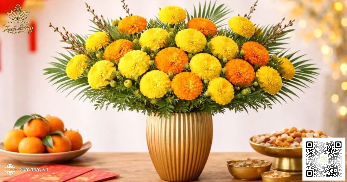 Mẫu cắm hoa vạn thọ truyền thống cho không gian thờ cúng